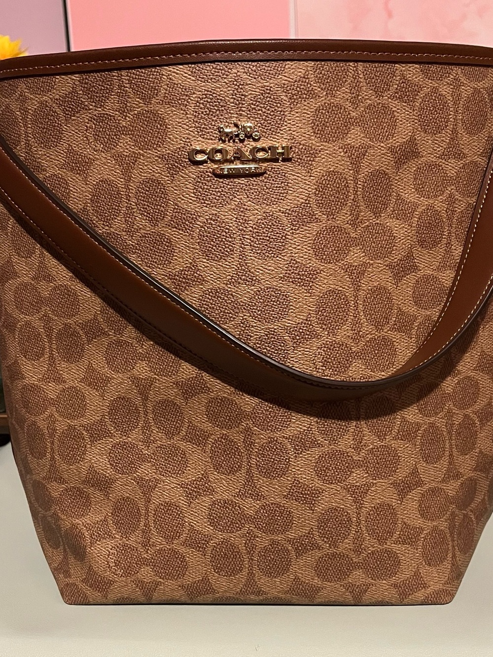 Coach Brown/Tan Signature Jacquard Tote with Gold Logo